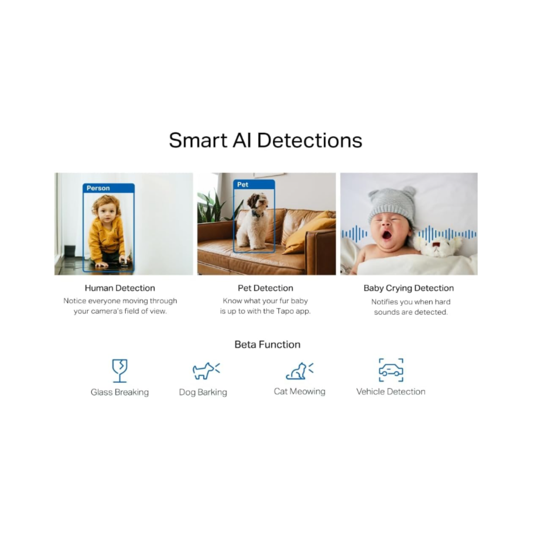 Smart AI detection features with images of a child, dog, and baby, along with text labels.