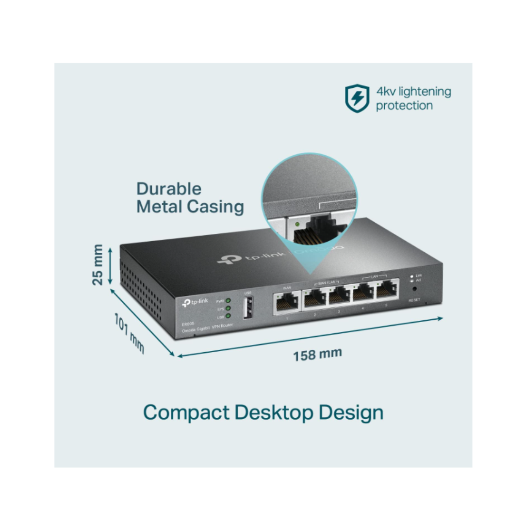Network switch with dimensions and features highlighted on a light gray background