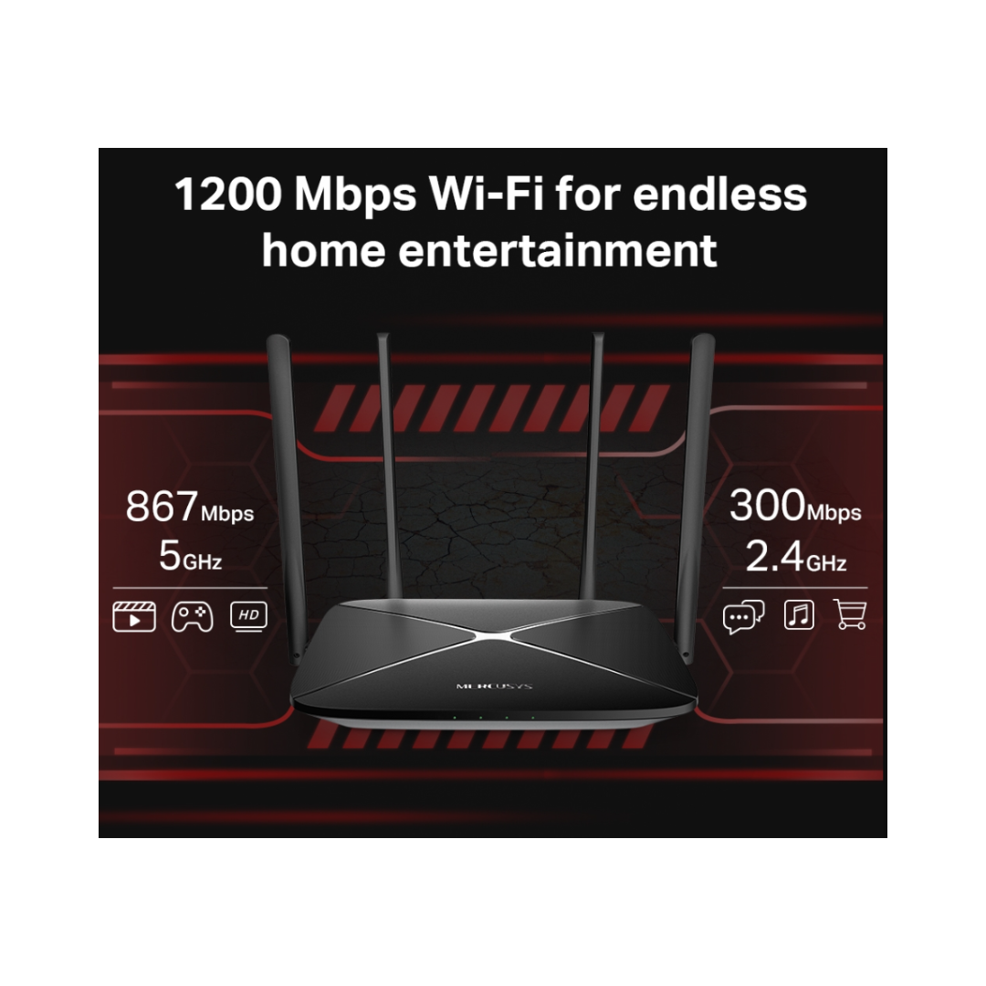 Router with Wi-Fi speed details on a black background