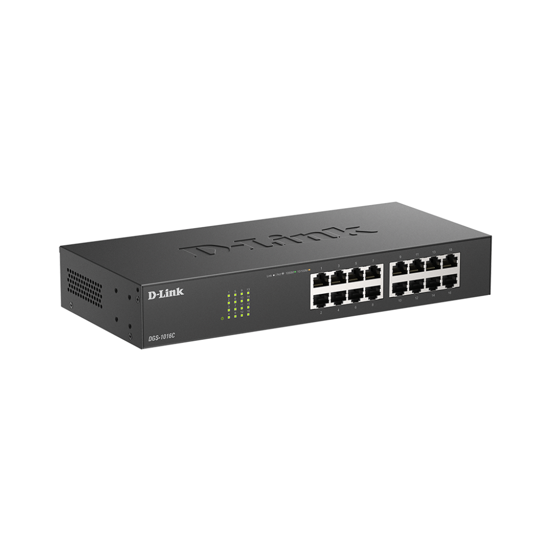D-Link network switch with 16 ports on a white background