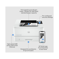 HP printer with features highlighted on a white background