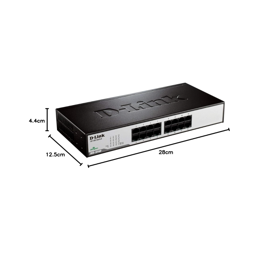 D-Link network switch with dimensions labeled on a white background