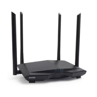 Black router with multiple antennas on a white background