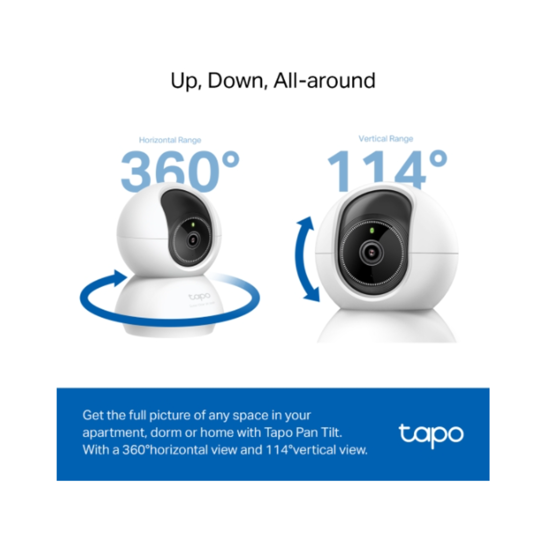Two security cameras with range indicators on a white background, featuring the Tapo brand.