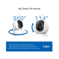 Two security cameras with range indicators on a white background, featuring the Tapo brand.