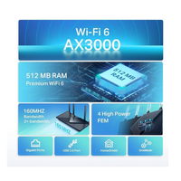 WiFi router with Wi-Fi 6 AX3000 specifications on a blue and white background