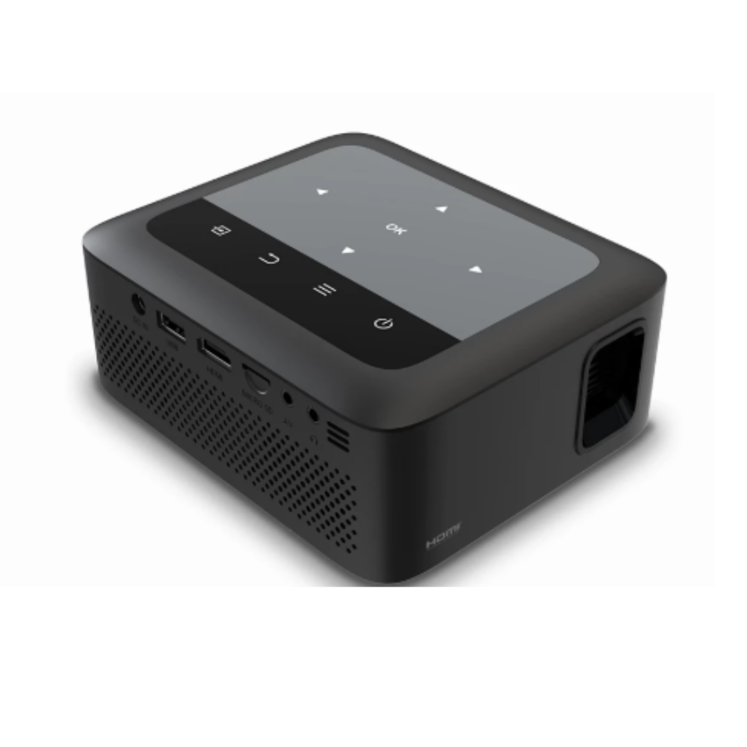Black portable projector on a white background