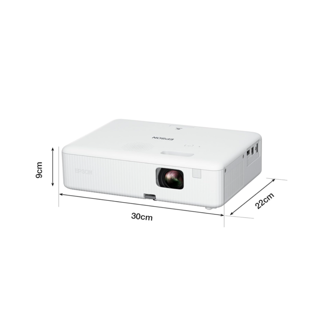 White projector with dimensions labeled on a white background