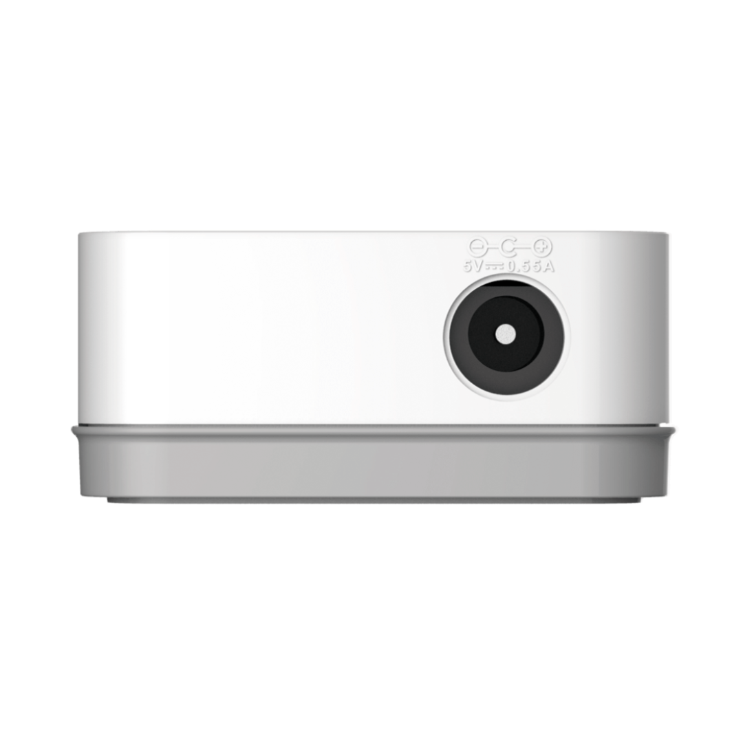 White cylindrical device with a camera lens on a white background