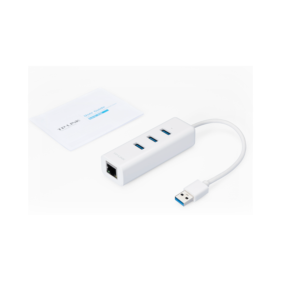 White USB hub with Ethernet cable on a white background