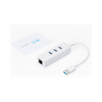 White USB hub with Ethernet cable on a white background