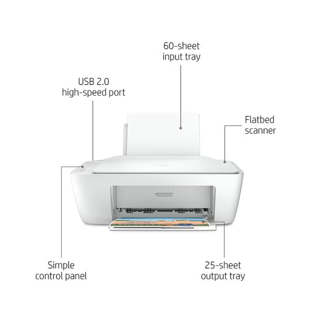 White printer with labeled features on a white background