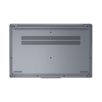 Back view of a gray laptop on a white background