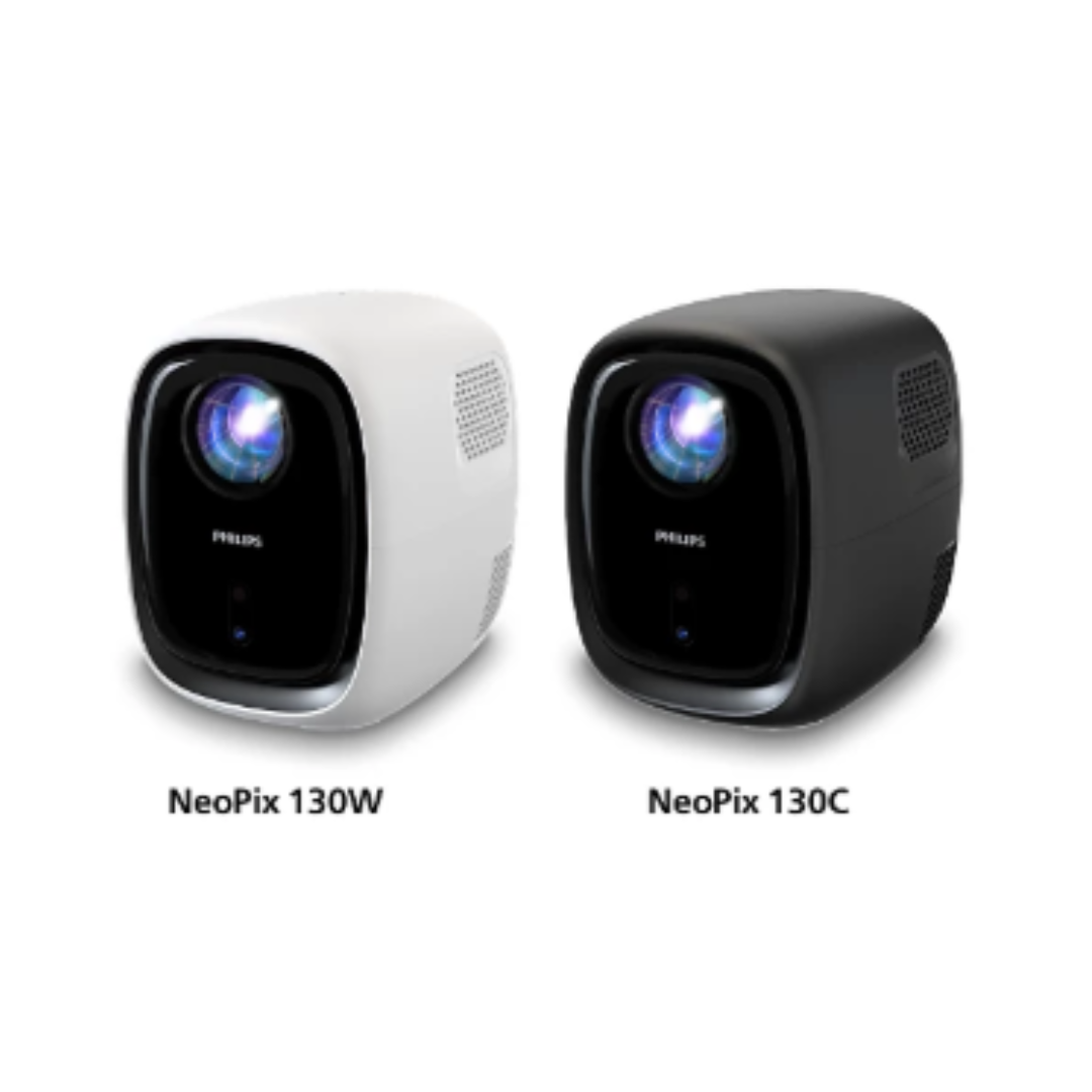 Two Philips NeoPix devices, one white and one black, on a white background.