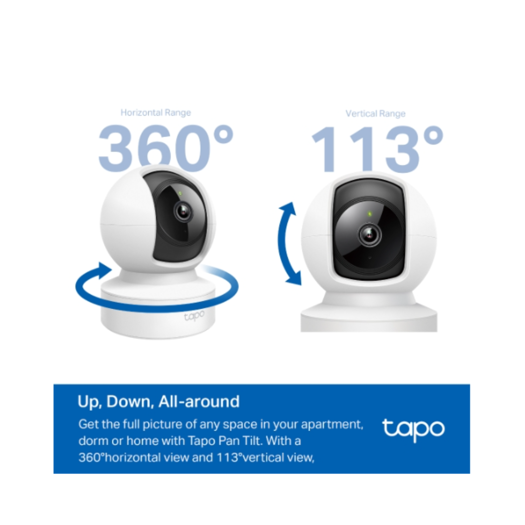 Two security cameras with range indicators and Taqo branding on a white background