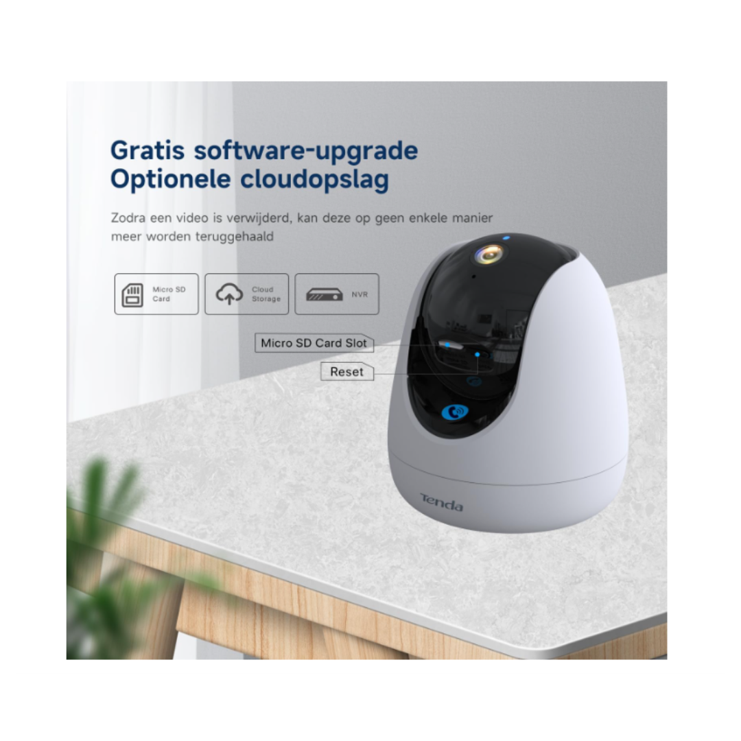 Smart camera on a desk with text about software upgrade and cloud storage.