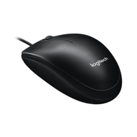 Black Logitech mouse on a white background