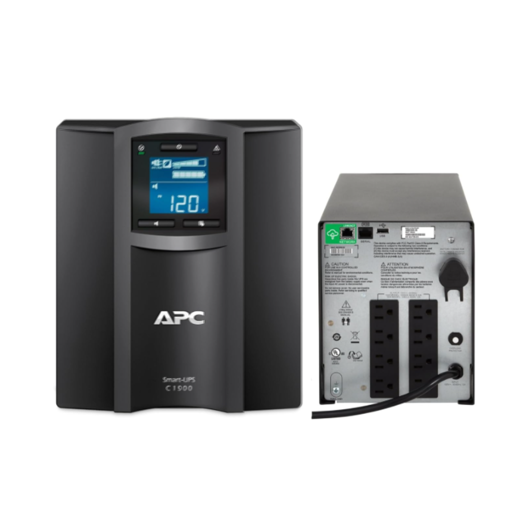 APC UPS system with front and back views on a white background