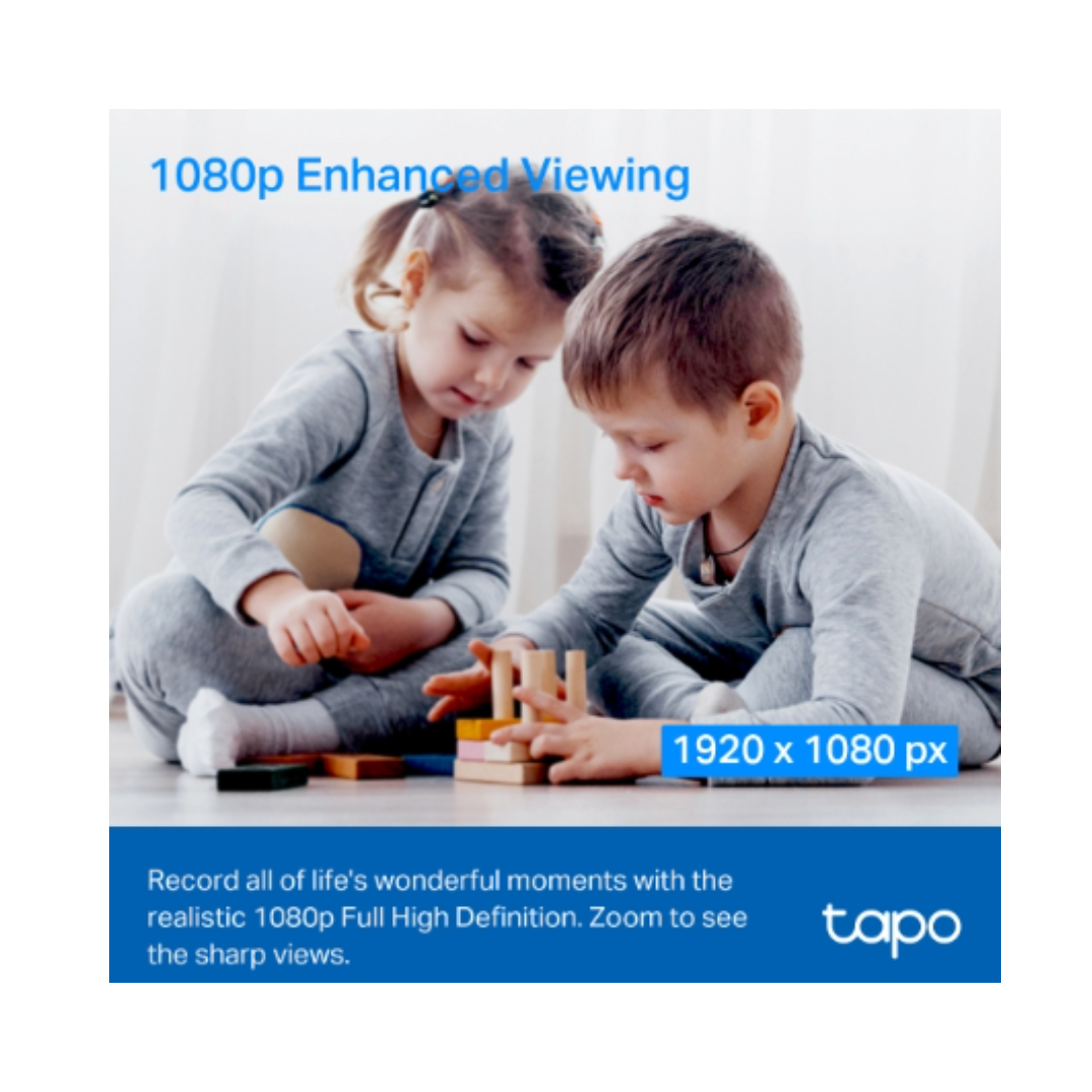 Two children playing with blocks on a white background, featuring text about 1080p Enhanced Viewing and Taqo branding.