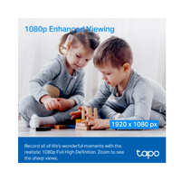 Two children playing with blocks on a white background, featuring text about 1080p Enhanced Viewing and Taqo branding.