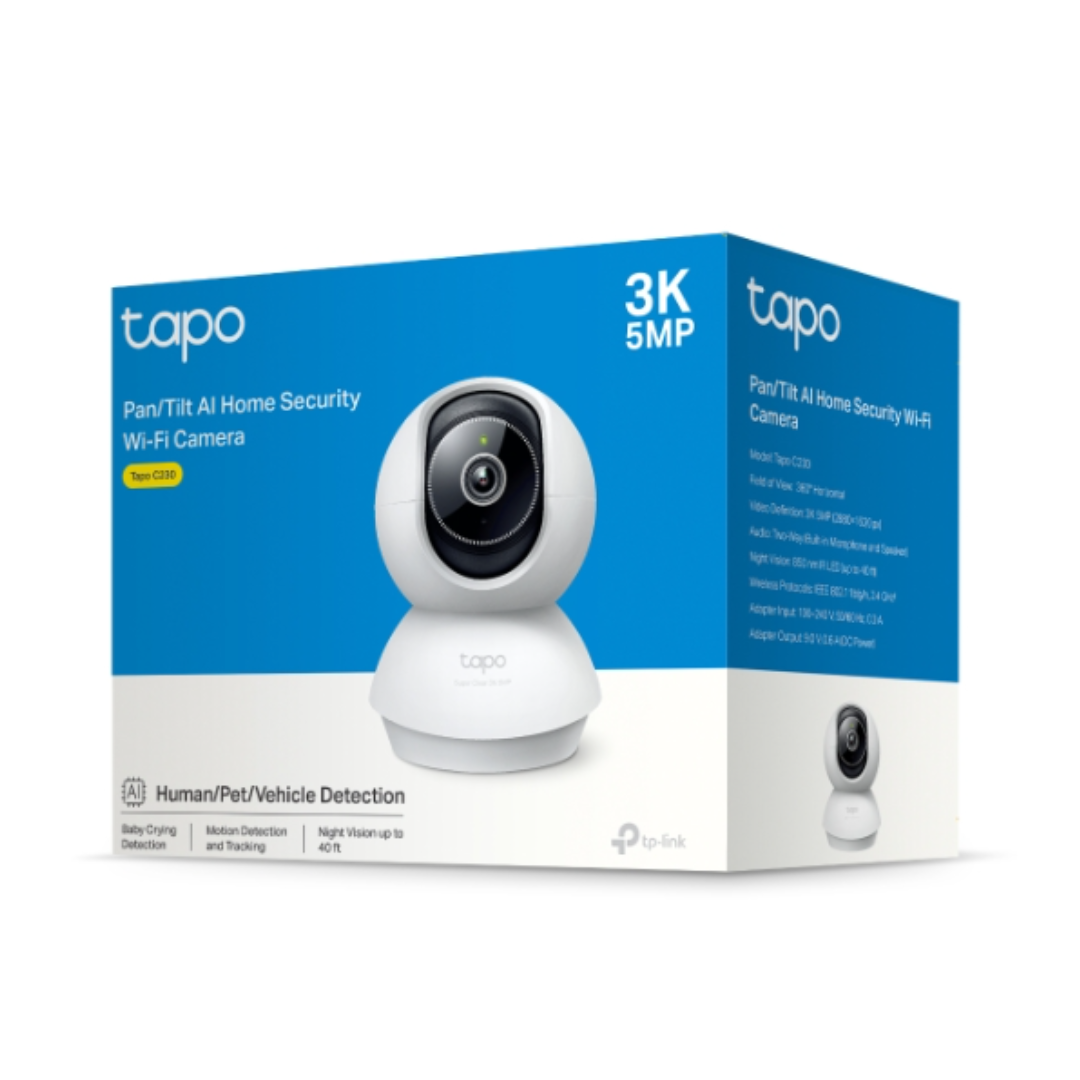 TP-Link Tapo home security camera with packaging on a white background