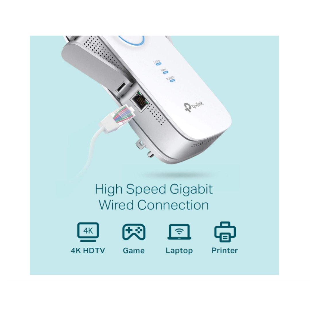 Network adapter with USB cable on a light blue background, featuring text about high-speed gigabit wired connection.