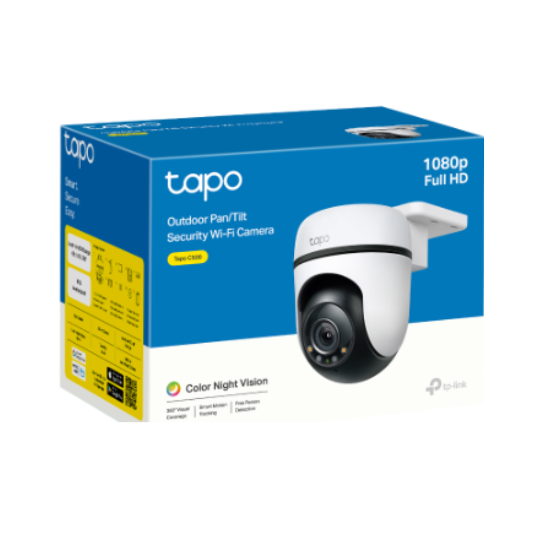 Tapo security camera packaging with blue and white design