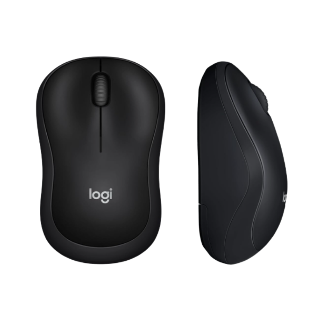 Black computer mouse with ergonomic design on a white background, featuring the Logitech logo.