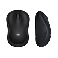 Black computer mouse with ergonomic design on a white background, featuring the Logitech logo.