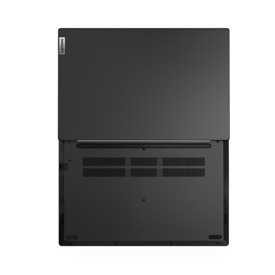 Back view of a black Lenovo laptop on a white background