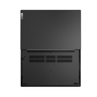 Back view of a black Lenovo laptop on a white background