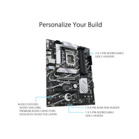 Computer motherboard with labeled features on a white background