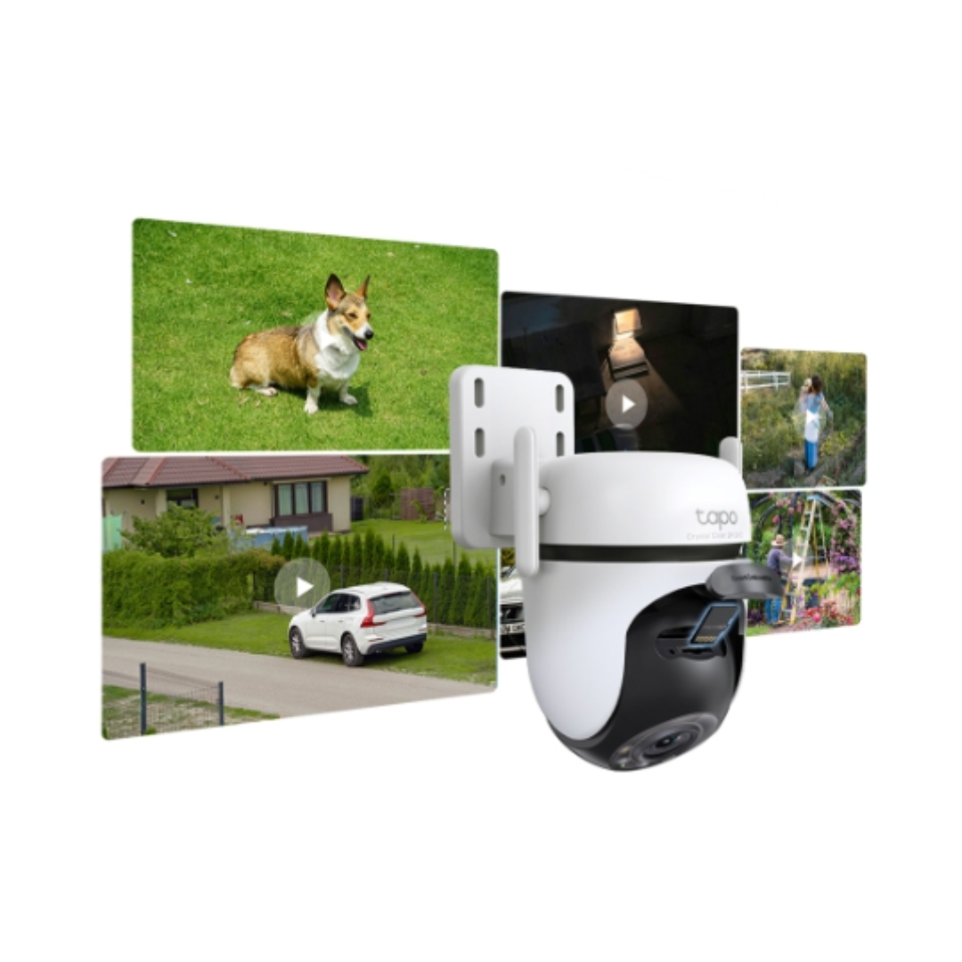 Security camera with multiple display screens showing different scenes