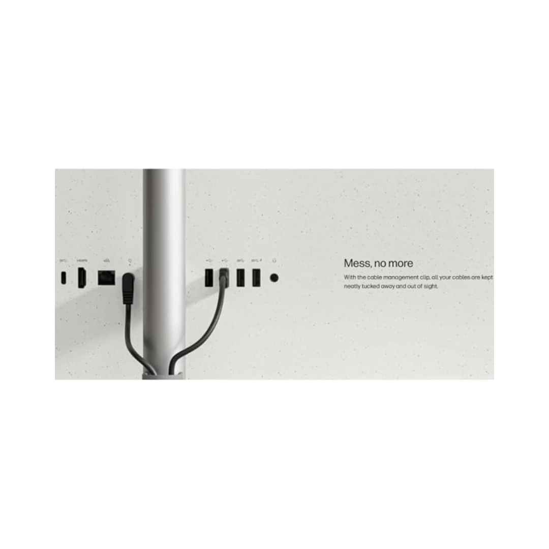Wall-mounted cable management system with text 'Mess, no more' on a white background