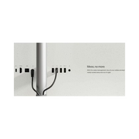 Wall-mounted cable management system with text 'Mess, no more' on a white background