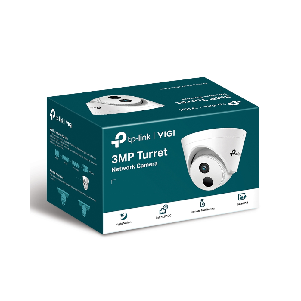 TP-Link Vigi 3MP Turret Network Camera packaging on a white background