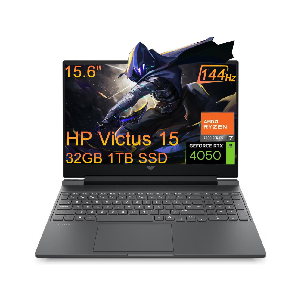 HP Victus 15 gaming laptop with specifications on a white background