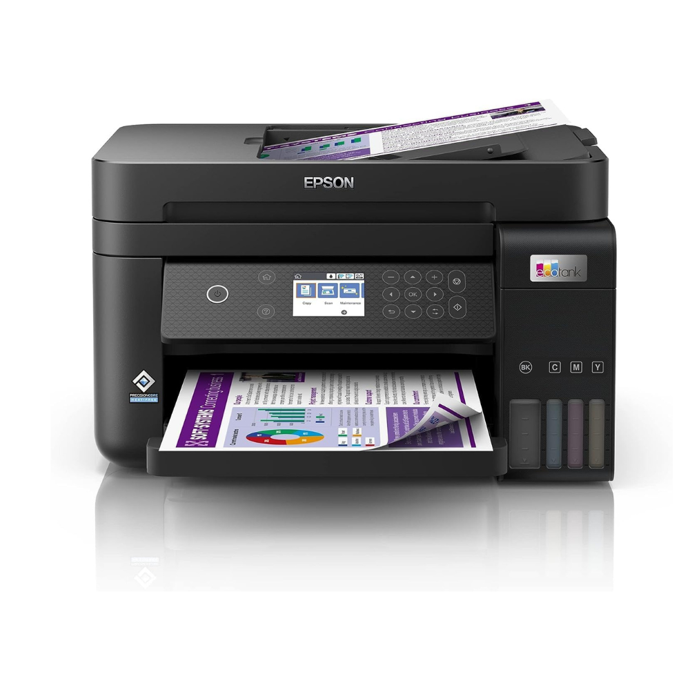 Epson printer with printed documents on a white background