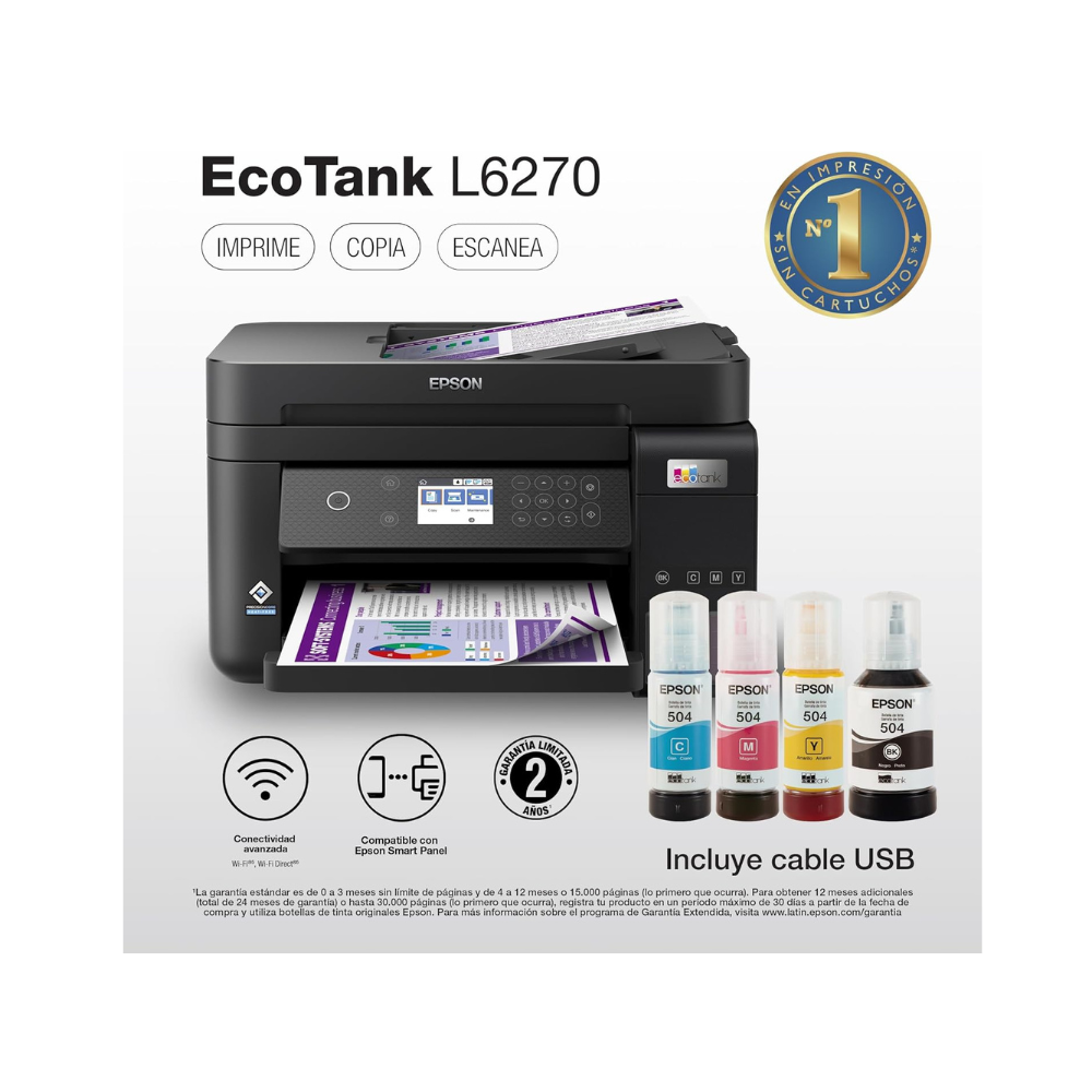 Epson EcoTank L6270 printer with ink bottles on a white background