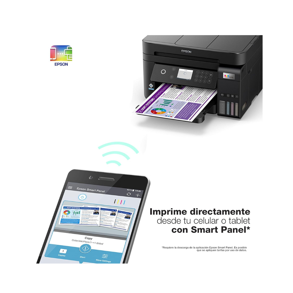 Epson printer with smartphone displaying smart panel app on a white background