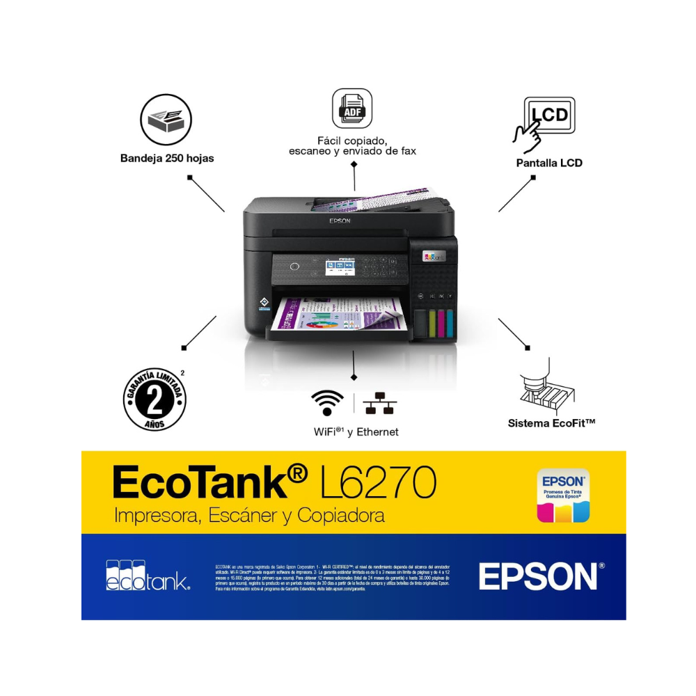 Epson EcoTank L6270 printer with features highlighted on a white background