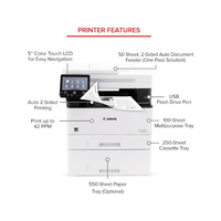 Canon printer with labeled features on a white background