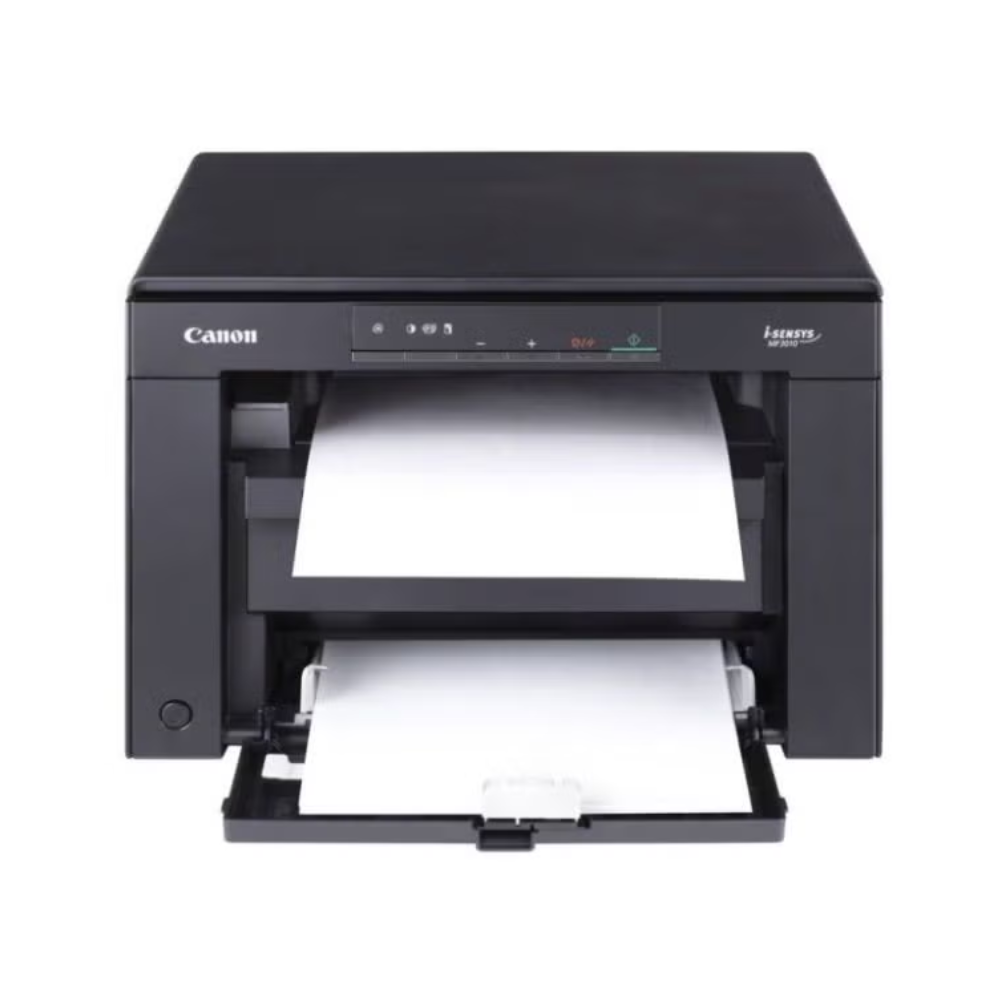 Canon printer with paper in the tray on a white background