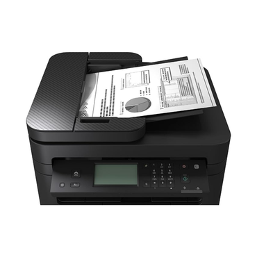 Black printer with paper output on a white background