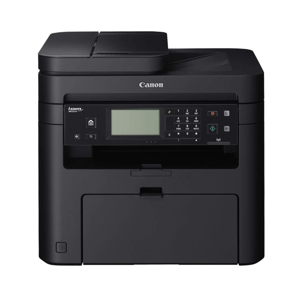 Black Canon printer on a white background