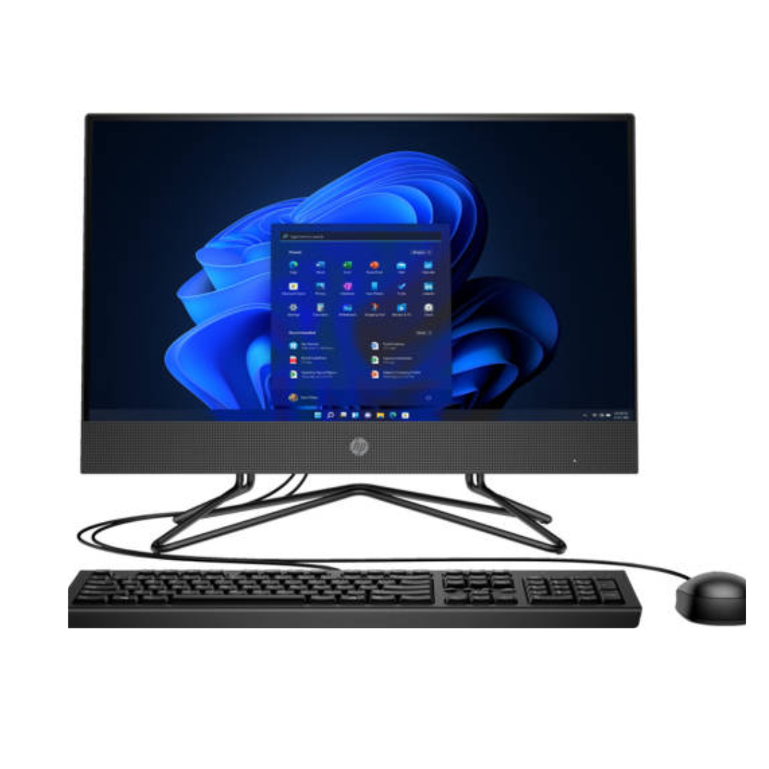 HP all-in-one computer with keyboard and mouse on a white background