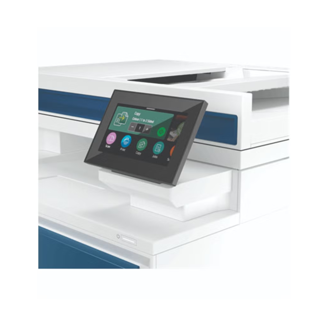 Control panel with touchscreen interface on a white and blue machine