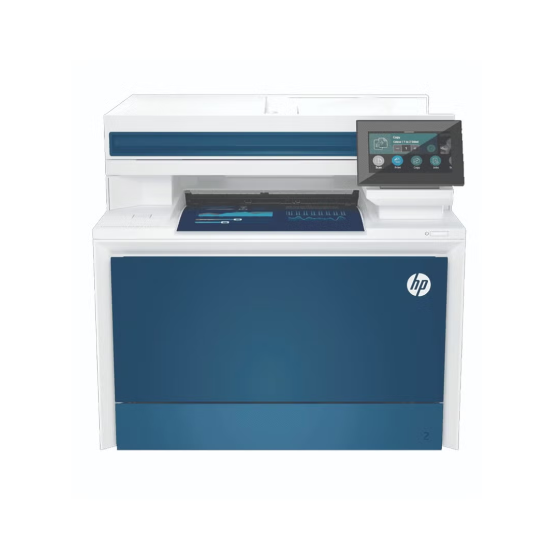 HP printer with blue and white design on a white background
