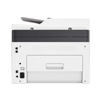 Back view of a white printer with black accents on a white background