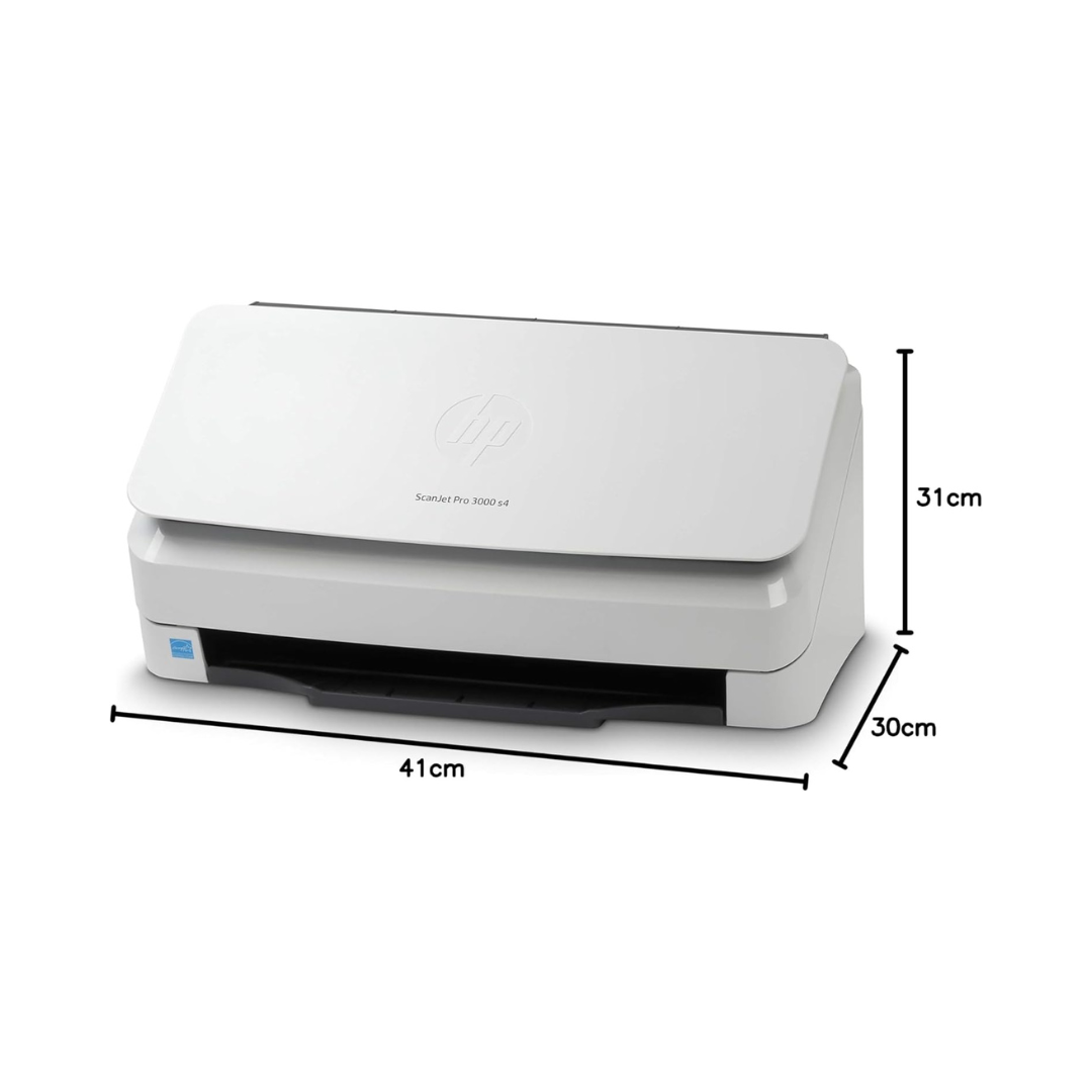 Scanner with dimensions labeled on a white background